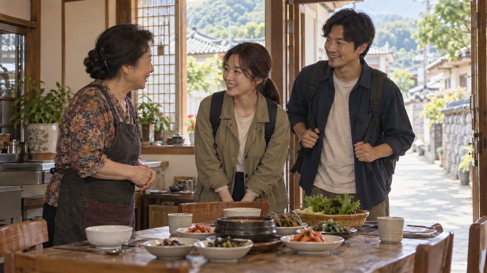 일본인 여행자가 작은 동네 식당을 찾아 지역의 음식을 경험하는 생성 이미지