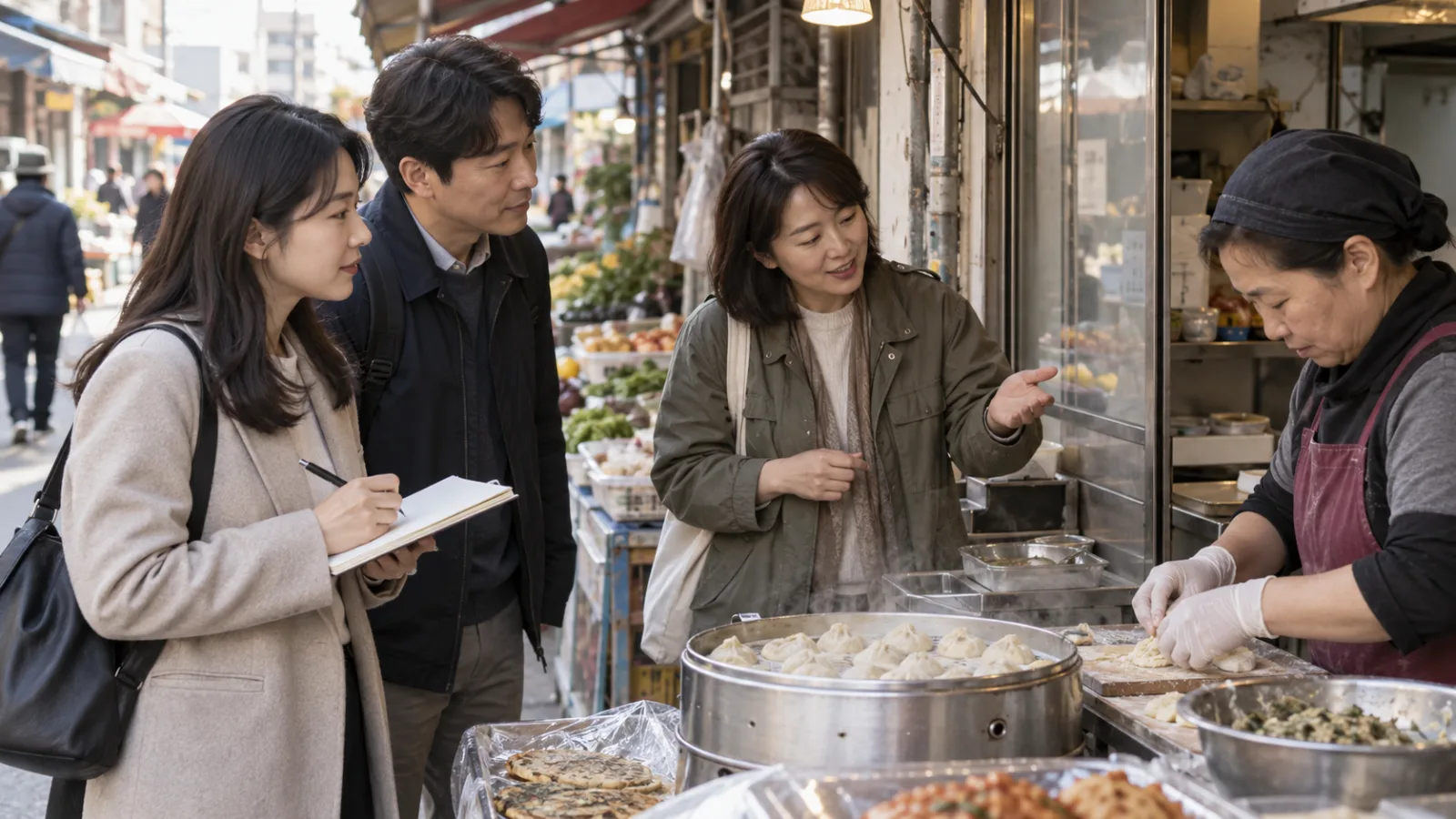 관광 담당자들이 시장 현장에서 지역 콘텐츠 소재를 살펴보는 장면 · 생성 이미지